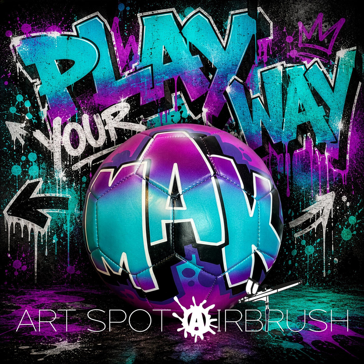 a colorful graffiti-style background with the text "PLAY YOUR WAY" prominently displayed. In the foreground, there is a soccer ball with the word "MAX" written on it. The image also includes the text "ART SPOT" and "IRBRUSH" at the bottom.