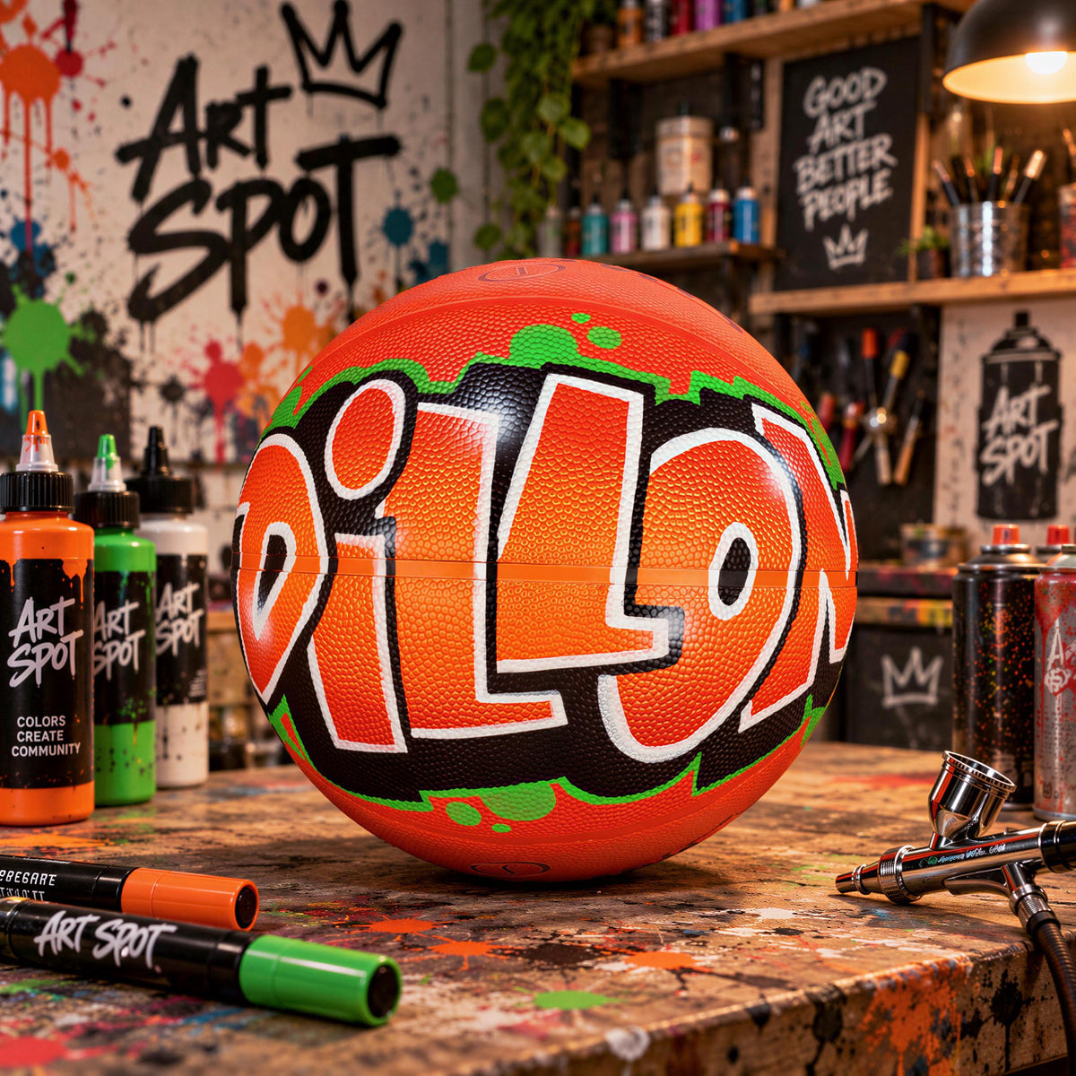 a basketball with the word "DILON" painted on it, surrounded by various art supplies and equipment, including spray paint cans and markers, in an art-filled environment.