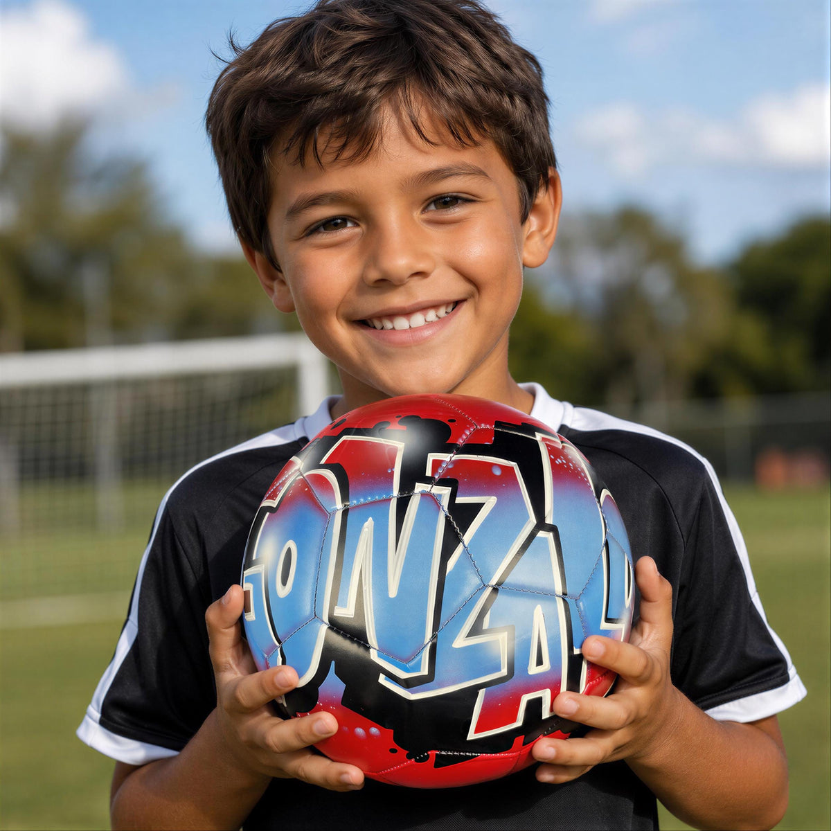 A young boy is holding a soccer ball with the word "GONZAL" written on it, smiling at the camera.