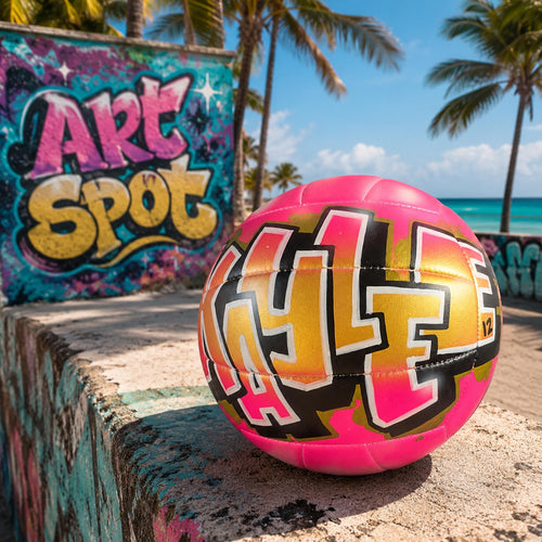 A colorful volleyball with the word "Art Spot" painted on it, sitting on a concrete ledge in front of a graffiti-covered wall.