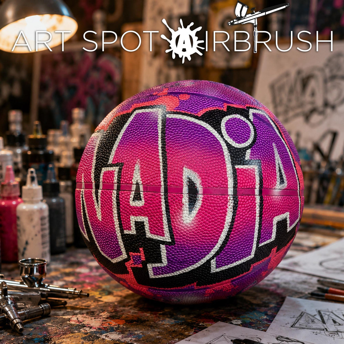 a basketball with the word "NADA" painted on it, surrounded by various art supplies and materials, including paint bottles and brushes, suggesting an artistic workspace.