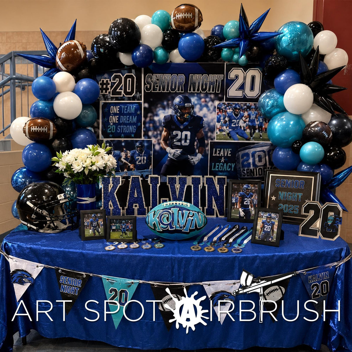 The image is a display featuring a football player's name, Kalvin, surrounded by various football-themed decorations and memorabilia, including balloons, banners, and framed images.