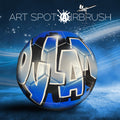 a blue and black soccer ball with the word "Om" written on it, set against a blue and white background with stars.