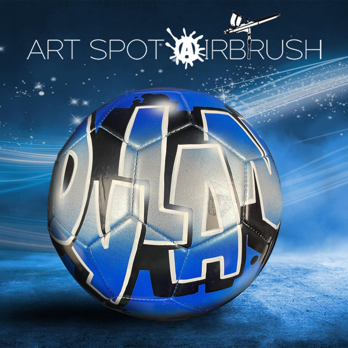 a blue and black soccer ball with the word "Om" written on it, set against a blue and white background with stars.
