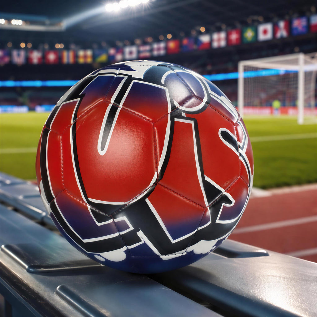 A soccer ball with a colorful, graffiti-style design is sitting on a bench in a stadium.