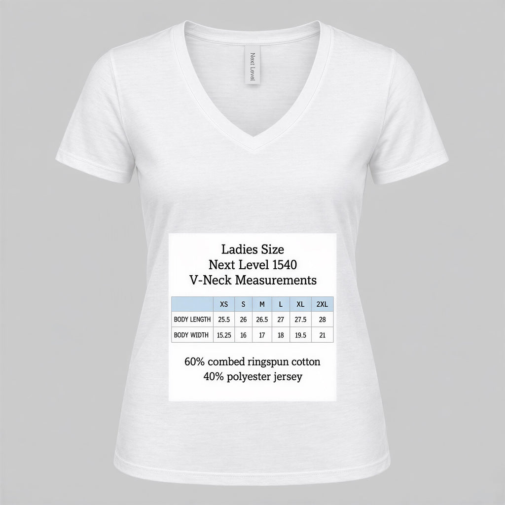 A white t-shirt with a label that provides size information for the next level V-Neck measurements.