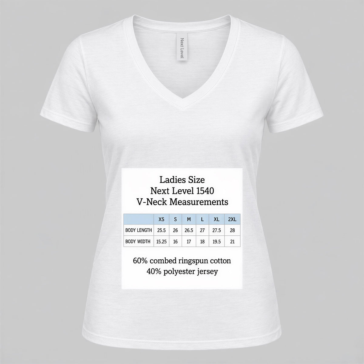 A white t-shirt with a label that provides size information for the next level V-Neck measurements.