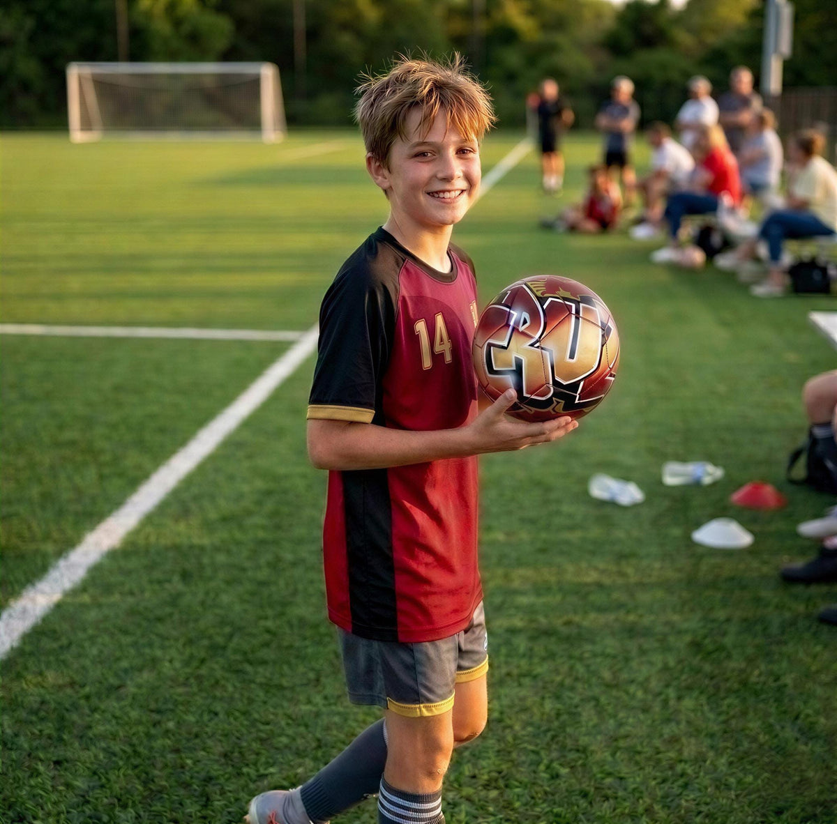 A young boy in a red and black soccer jersey is holding a soccer ball on a soccer field, with spectators in the background.
