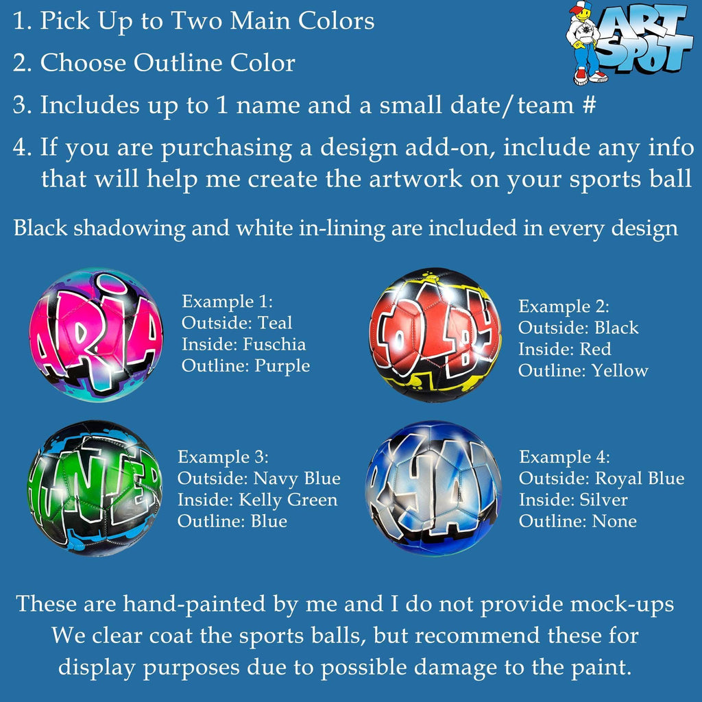 The image is a guide for creating custom sports balls with two main colors and an outline color. It provides examples of different designs and outlines for the colors.