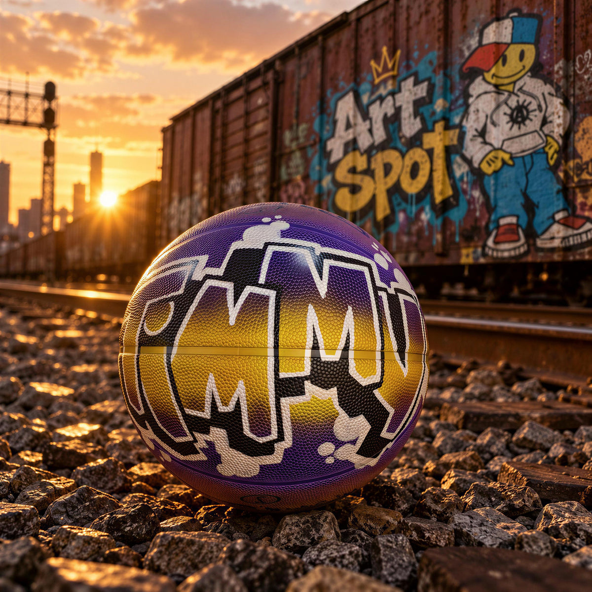 A colorful basketball with graffiti-style writing on it rests on a rocky surface, with a train and a city skyline in the background during a sunset.