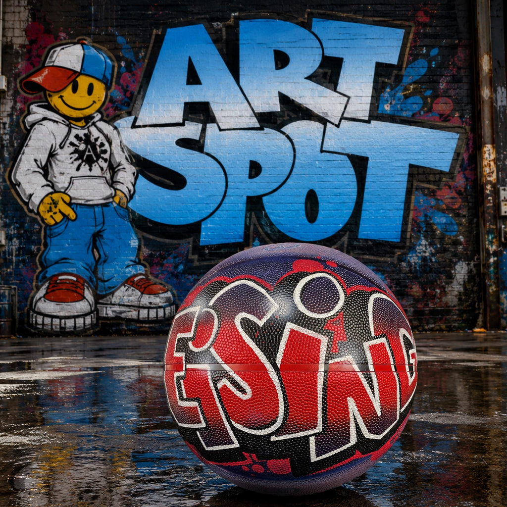 a basketball with graffiti on it, placed in front of a graffiti-covered wall with the word "ART SPOT" written on it.