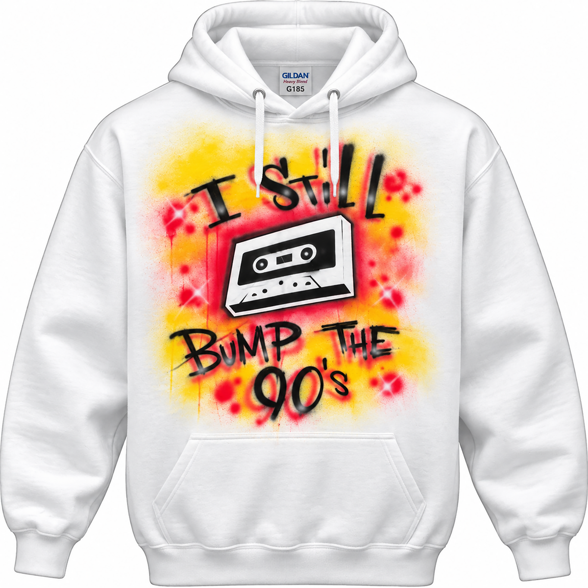 A white hoodie with a graphic design featuring a cassette tape and the text "I STILL BUMP THE 90'S" printed on it.