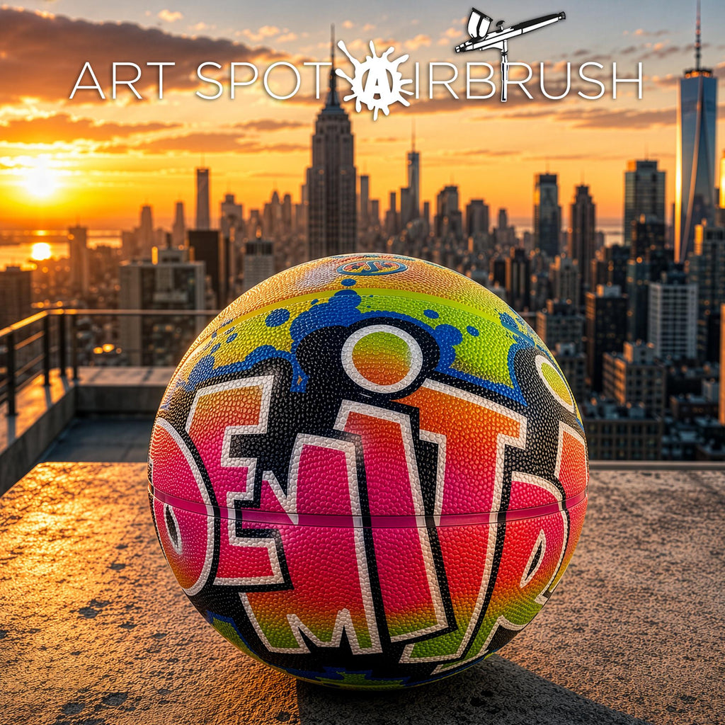 a colorful basketball with the word "DEI" painted on it, set against the backdrop of a city skyline at sunset.