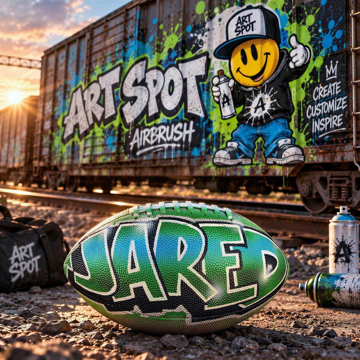 A green football with the name "Jared" written on it, along with graffiti art on a train car in the background.