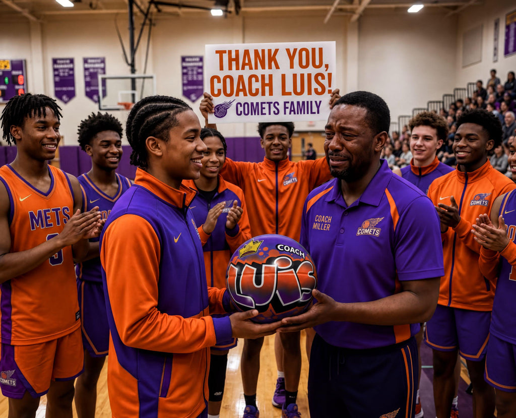 A group of basketball players in orange and purple uniforms are gathered around a coach in a purple and orange uniform, who is holding a basketball and a sign that says "Thank you coach Luis! Comets family".