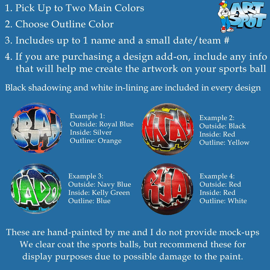 a list of instructions for creating sports balls with two main colors and an outline color. It includes examples of different designs and outlines for the sports balls.