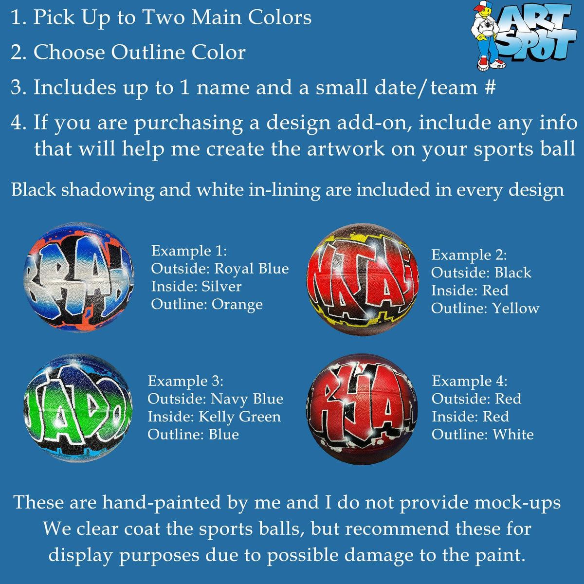 a list of instructions for creating sports balls with two main colors and an outline color. It includes examples of different designs and outlines for the sports balls.