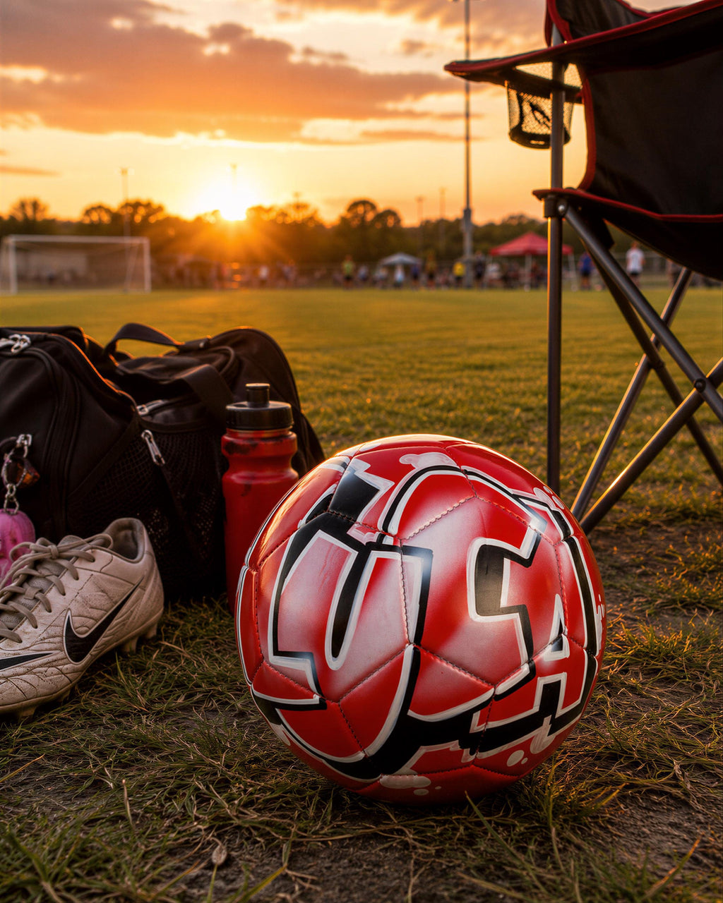 A soccer ball with a red and black design rests on the grass, surrounded by a black bag, a red water bottle, and a pair of sneakers, with a soccer goal and a red tent visible in the background during a sunset.