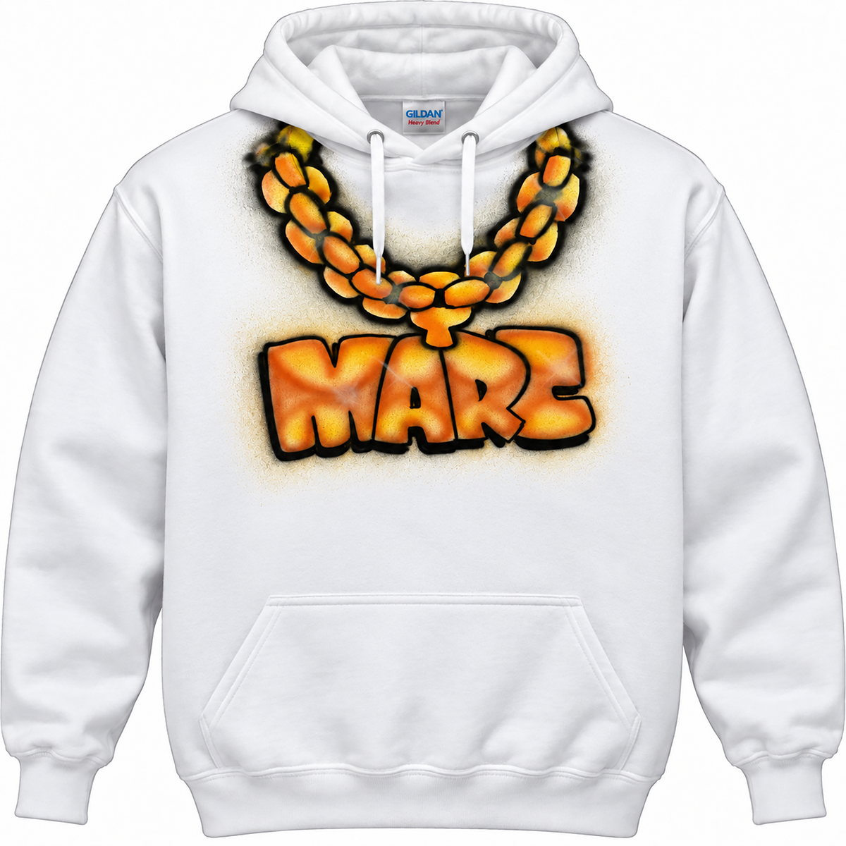 A white hoodie with a graphic design featuring a chain necklace and the word "MARCE" written in a stylized font.