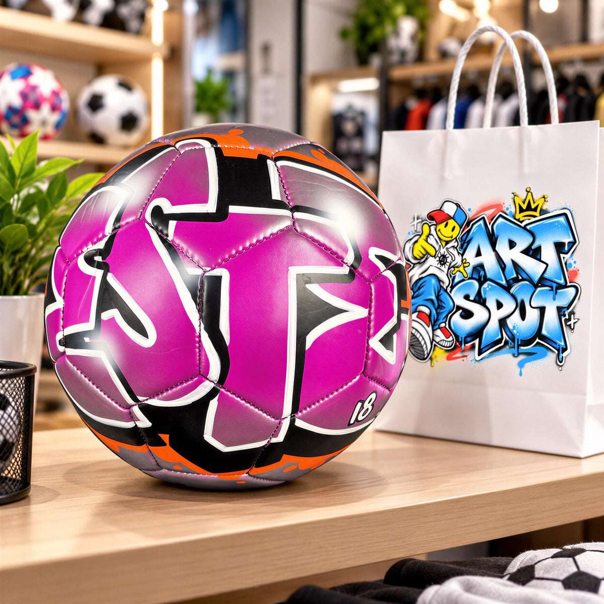 A colorful soccer ball with graffiti-style designs is displayed on a table next to a white shopping bag with a graffiti-style design.
