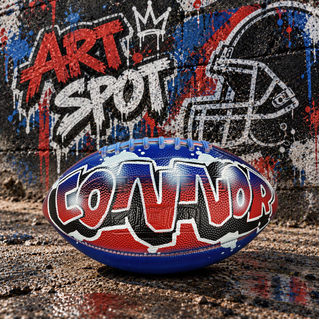 A football with the word "CONVOR" painted on it, standing in front of a graffiti-covered wall.