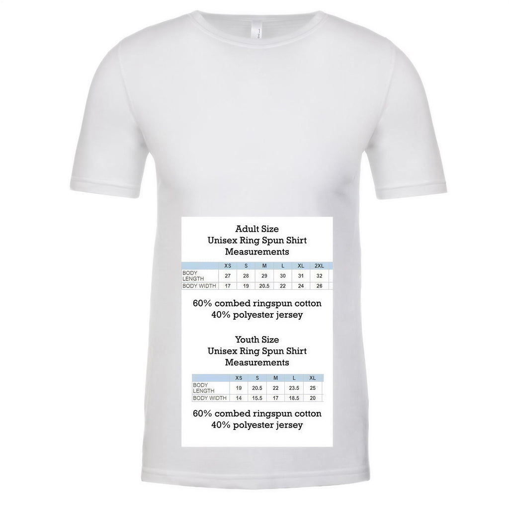 The image is a white t-shirt with measurements and sizes printed on it, specifically for an adult and youth size.