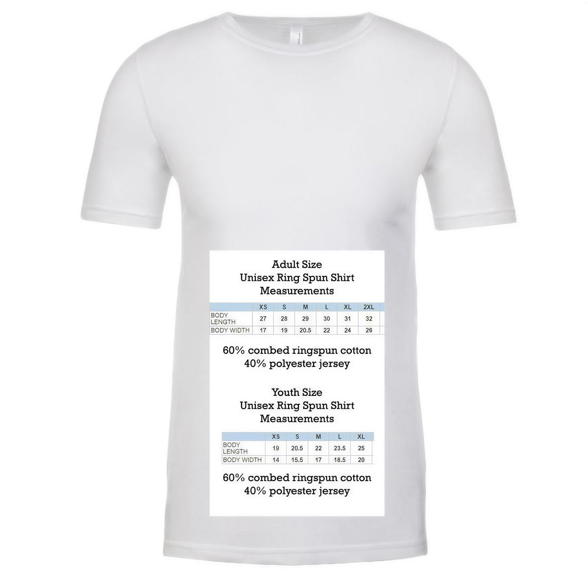 The image is a white t-shirt with measurements and sizes printed on it, specifically for an adult and youth size.