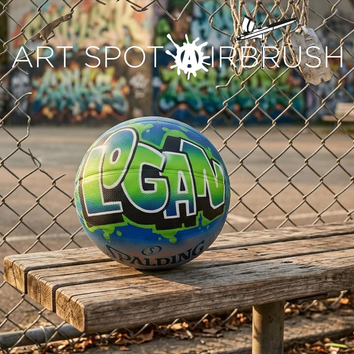 A colorful soccer ball with the word "Logan" painted on it, sitting on a wooden bench in an outdoor setting with graffiti-covered walls in the background.