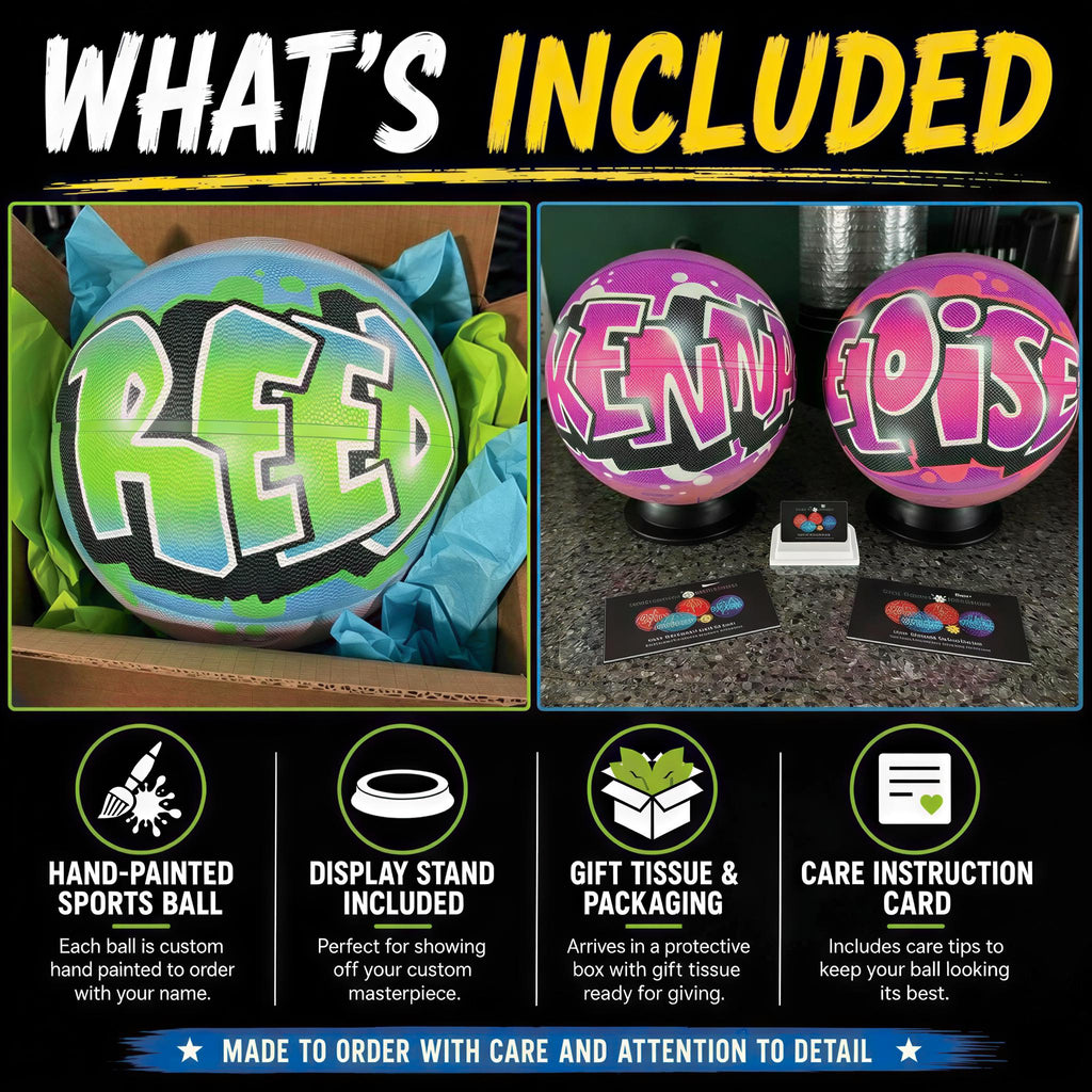 The image is a collage of two photos. The first photo shows a sports ball with the word "RED" painted on it, and the second photo shows two colorful sports balls with the names "KENNY" and "ELOISE" painted on them.