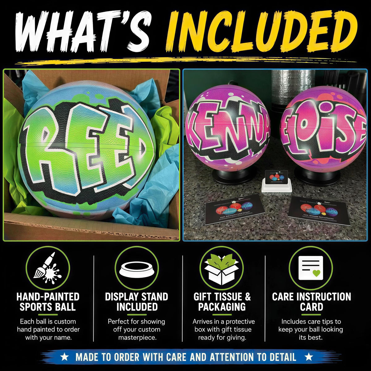 The image is a collage of two photos. The first photo shows a sports ball with the word "RED" painted on it, and the second photo shows two colorful sports balls with the names "KENNY" and "ELOISE" painted on them.
