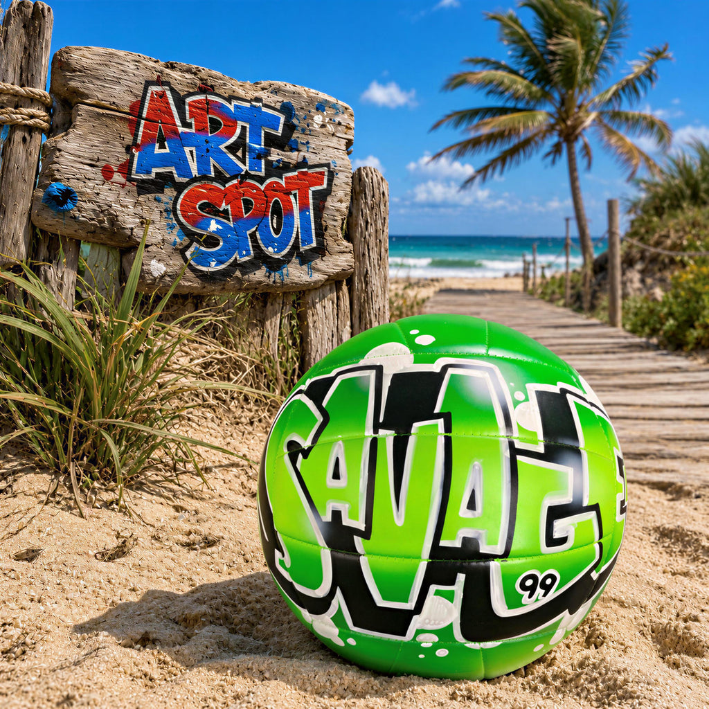 A green and black soccer ball with the word "Savage" written on it, placed on a sandy beach next to a wooden sign with graffiti on it.