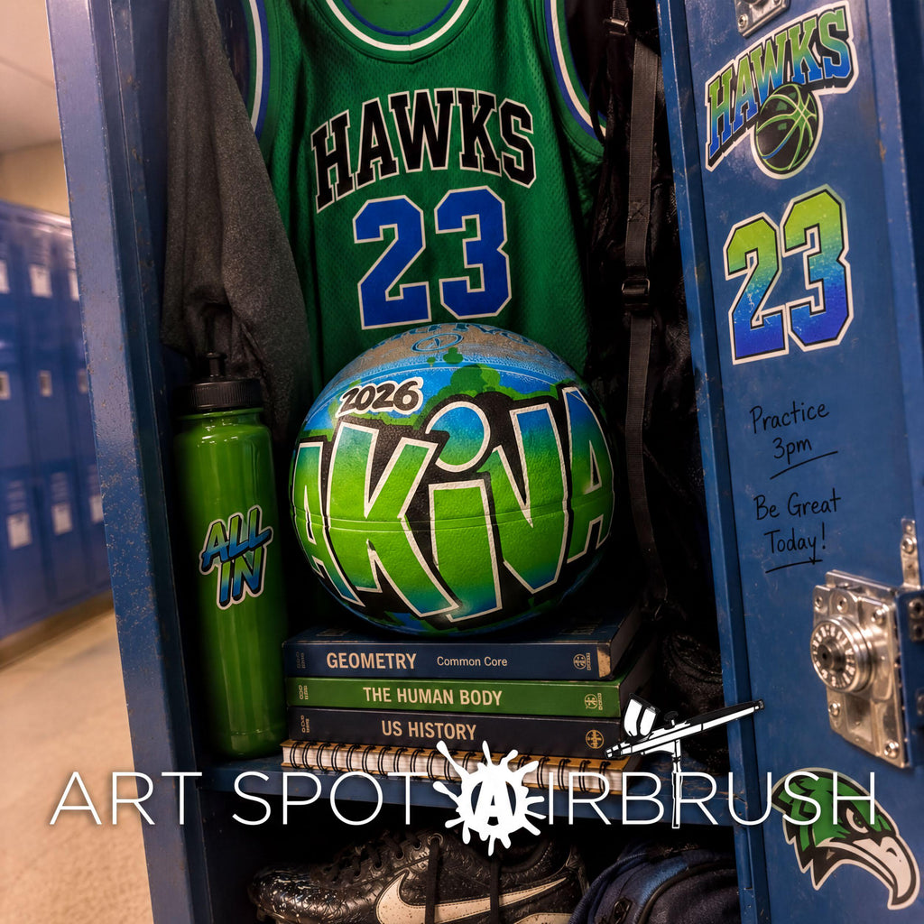 a locker room with various sports equipment and a basketball, including a green basketball with the word "AKNA" on it.