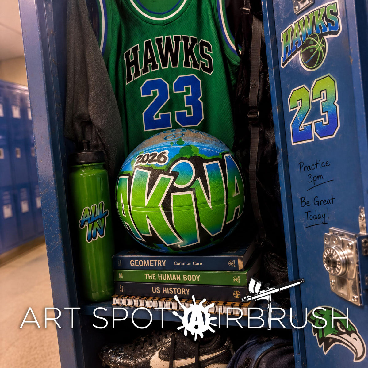a locker room with various sports equipment and a basketball, including a green basketball with the word "AKNA" on it.