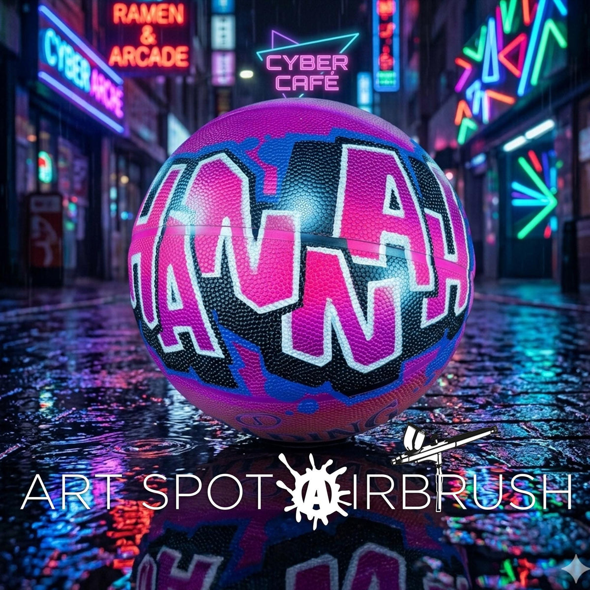 A neon-lit street scene with a large, colorful ball with graffiti-style lettering in the foreground, surrounded by neon signs and reflections on the wet ground.
