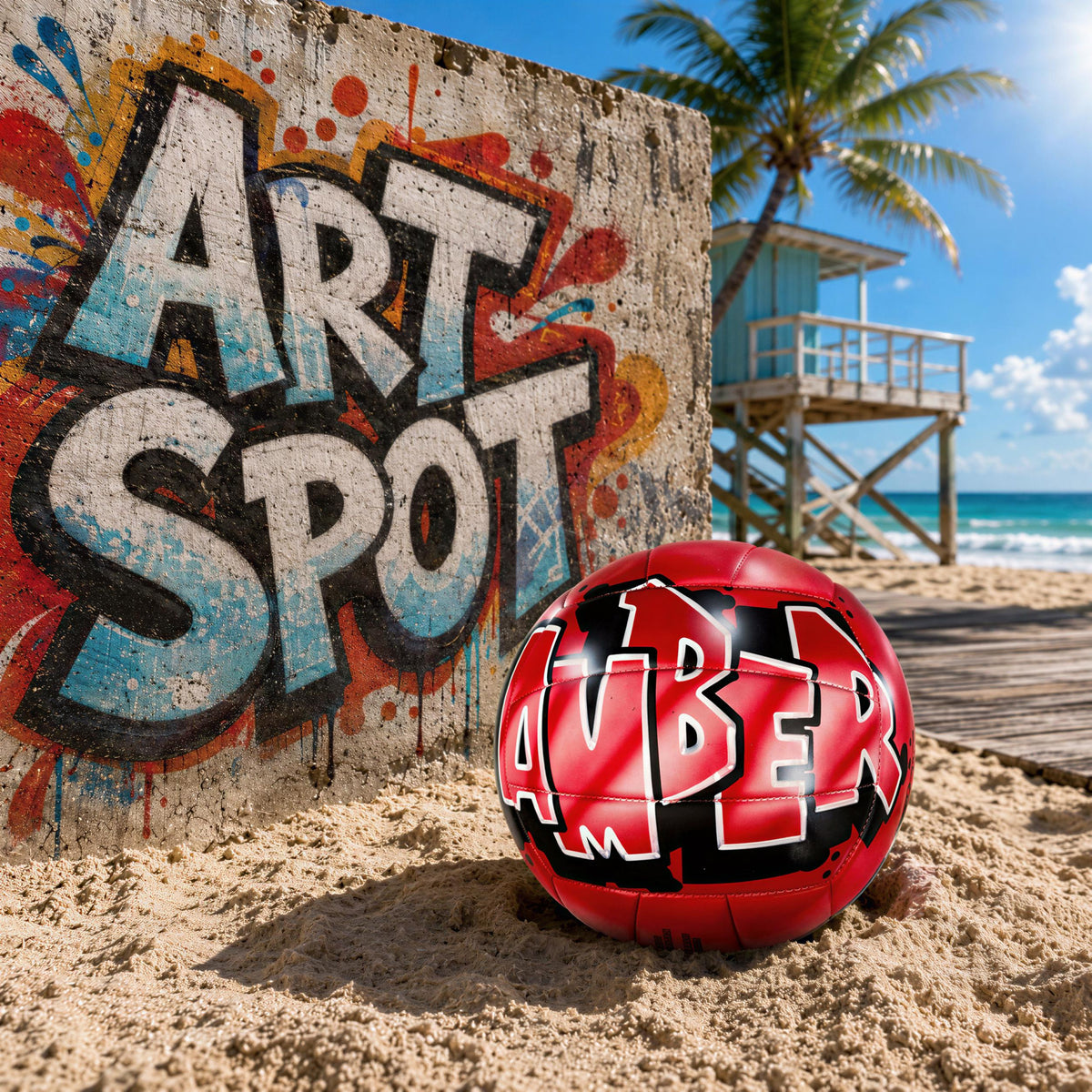 A red sports ball with the word "Amber" written on it, sitting on a sandy beach in front of a colorful graffiti wall.