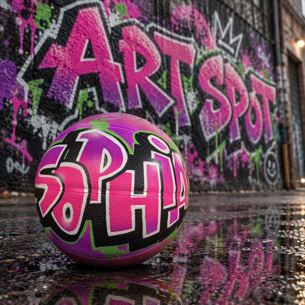 A colorful basketball with the name "Sophia" written on it, sitting on a wet surface in front of a graffiti-covered wall.