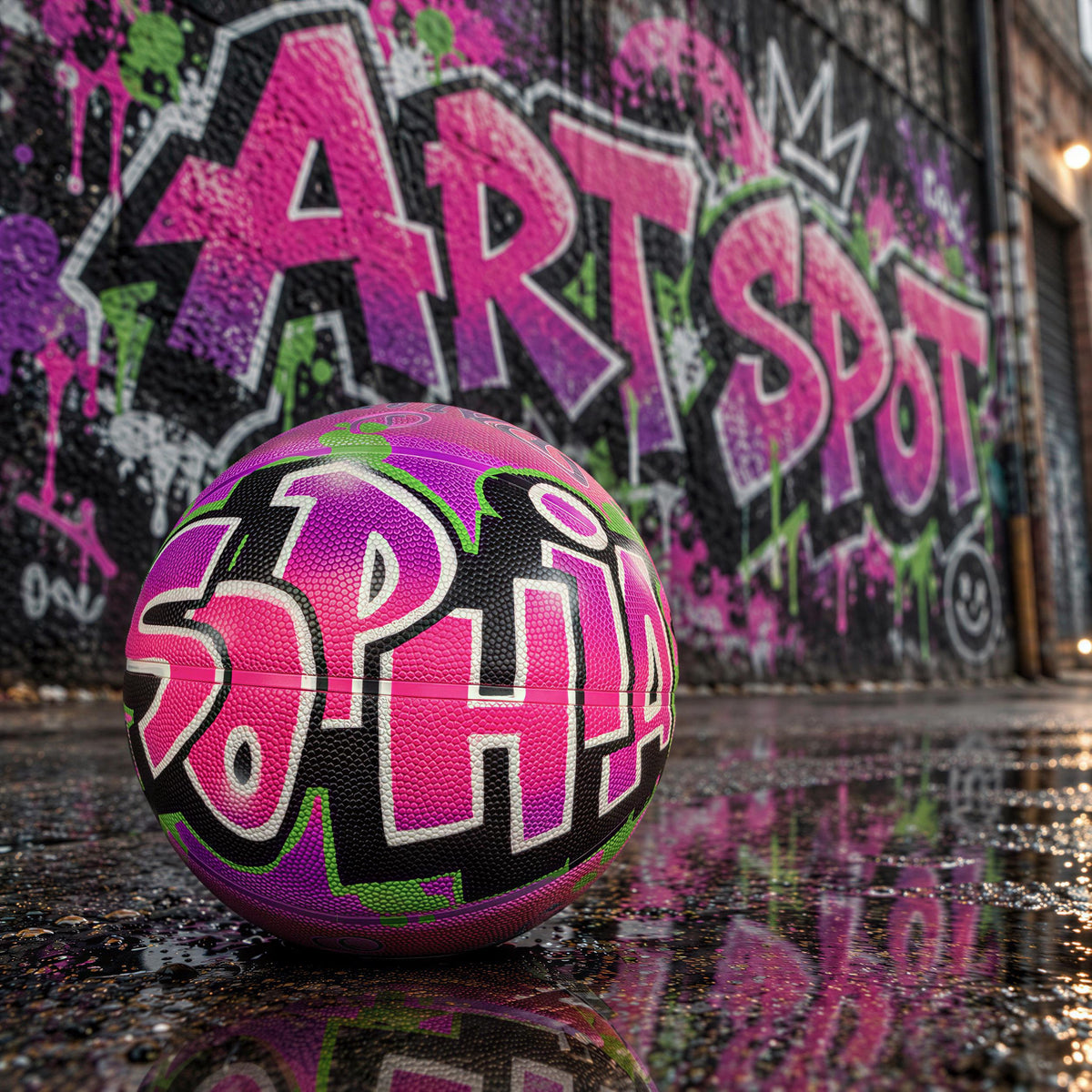 A colorful basketball with the name "Sophia" written on it, sitting on a wet surface in front of a graffiti-covered wall.