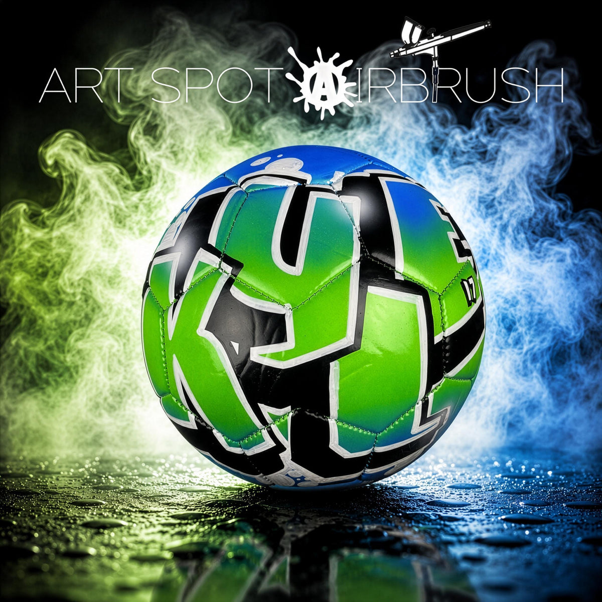 a colorful soccer ball with a unique design, surrounded by smoke and water, creating an artistic and dynamic composition.