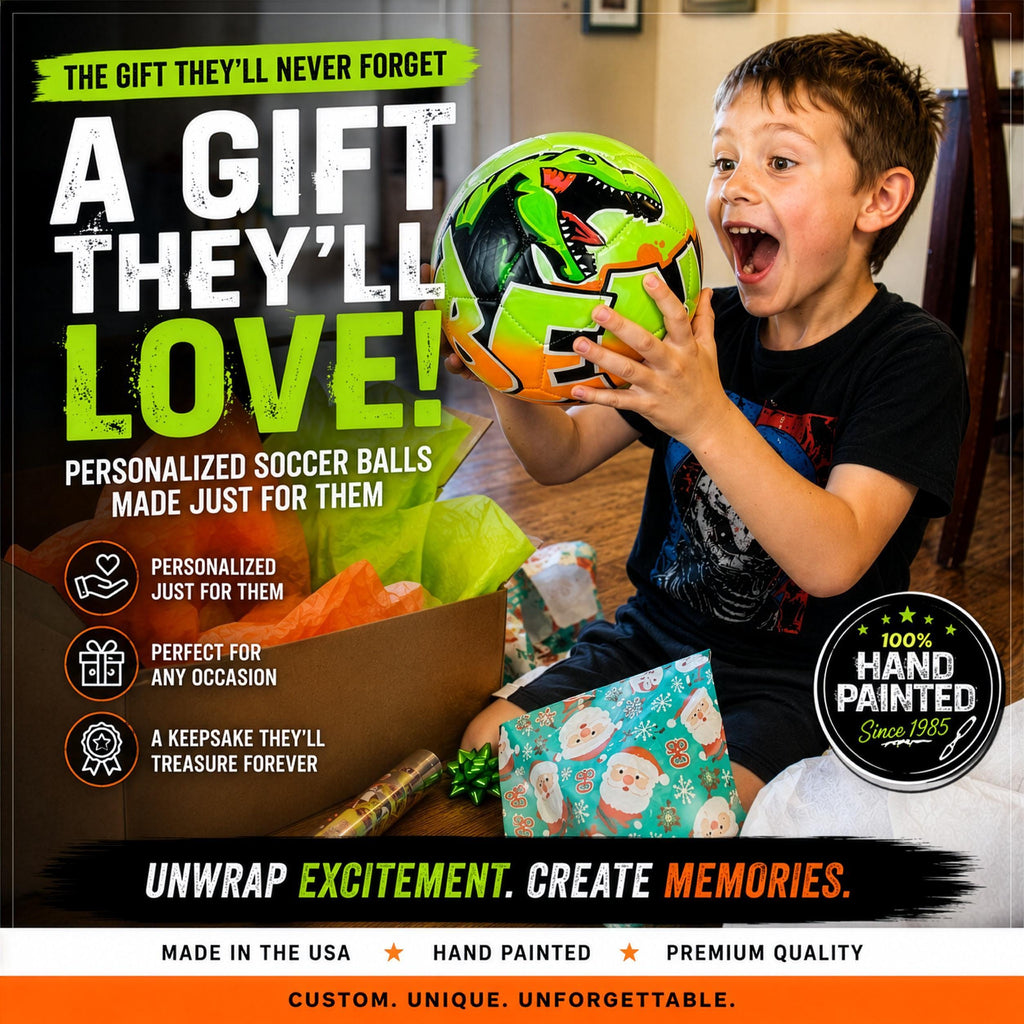 A young boy excitedly holds a personalized soccer ball, surrounded by wrapped presents and a large, colorful soccer ball.