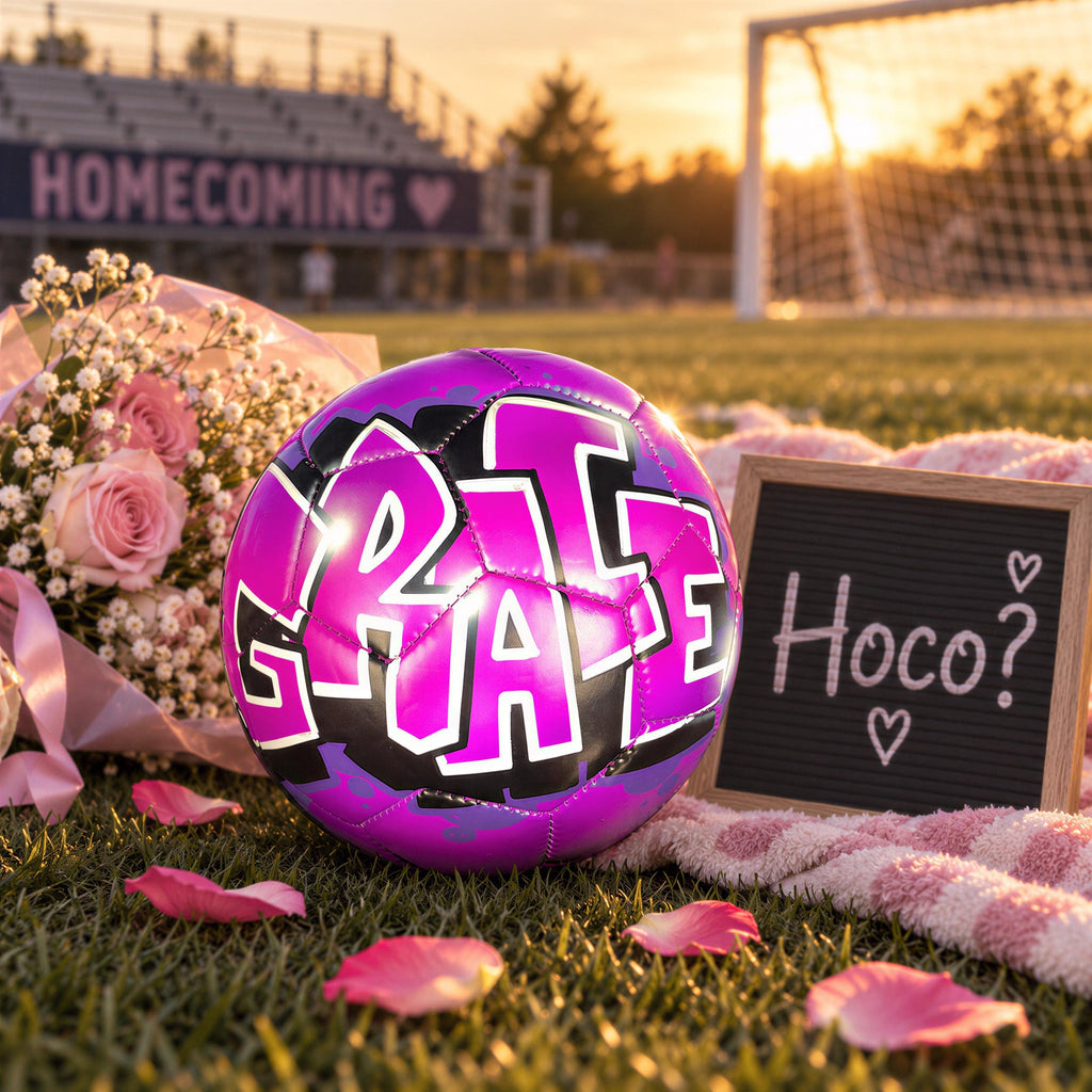 A pink soccer ball with the word "Grace" written on it, surrounded by pink rose petals, a bouquet of pink roses, and a chalkboard sign with the word "Hoco?" written on it. The scene appears to be set on a grassy field with a soccer goal in the background.