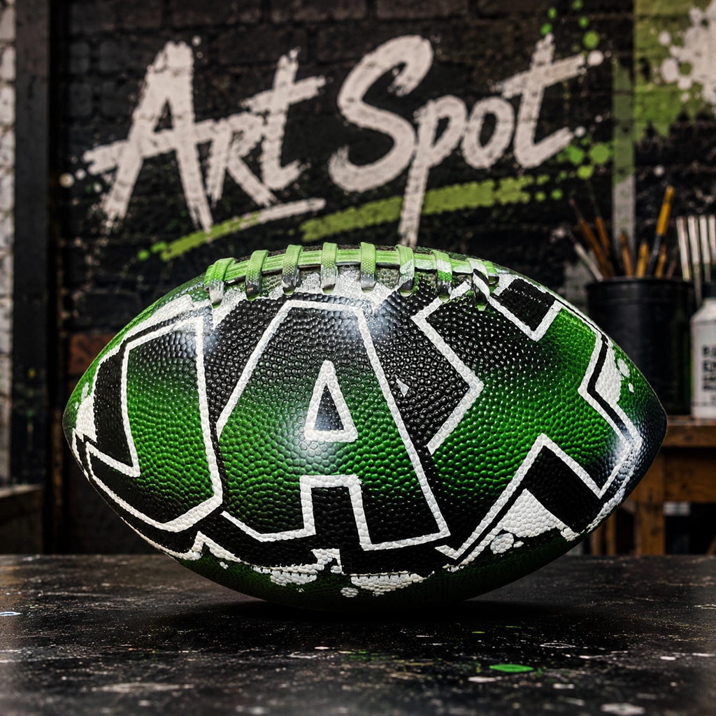 A green and black custom football personalized with the word "JAX" painted on it, sitting on a table in front of a graffiti-style wall with the word "Art Spot" written on it.