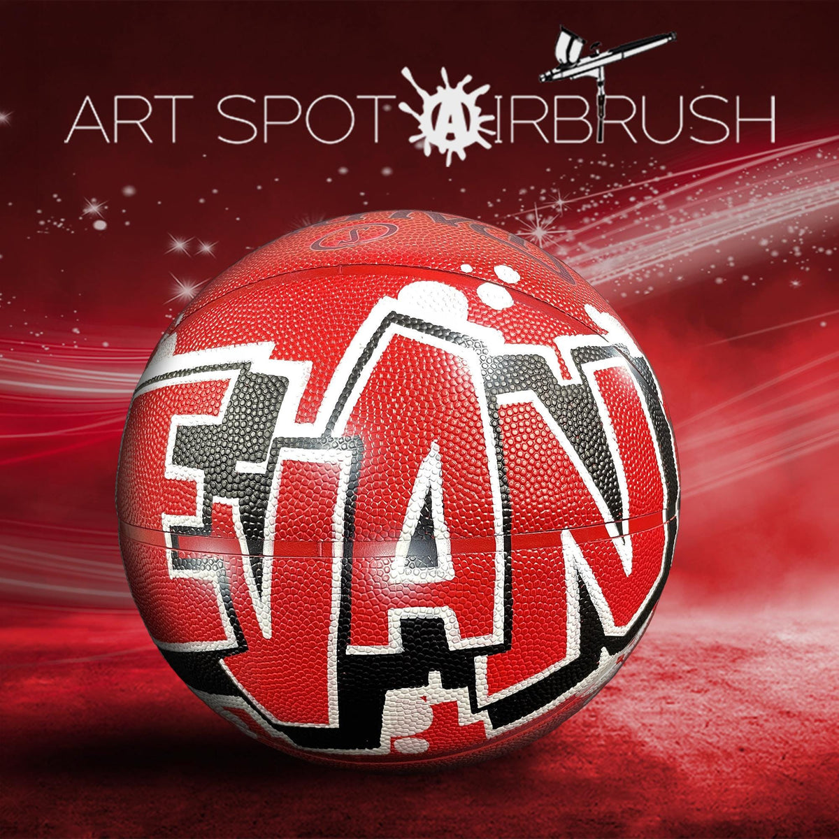 a red basketball with the name "EVAN" written on it, set against a red and white background with a starry sky.