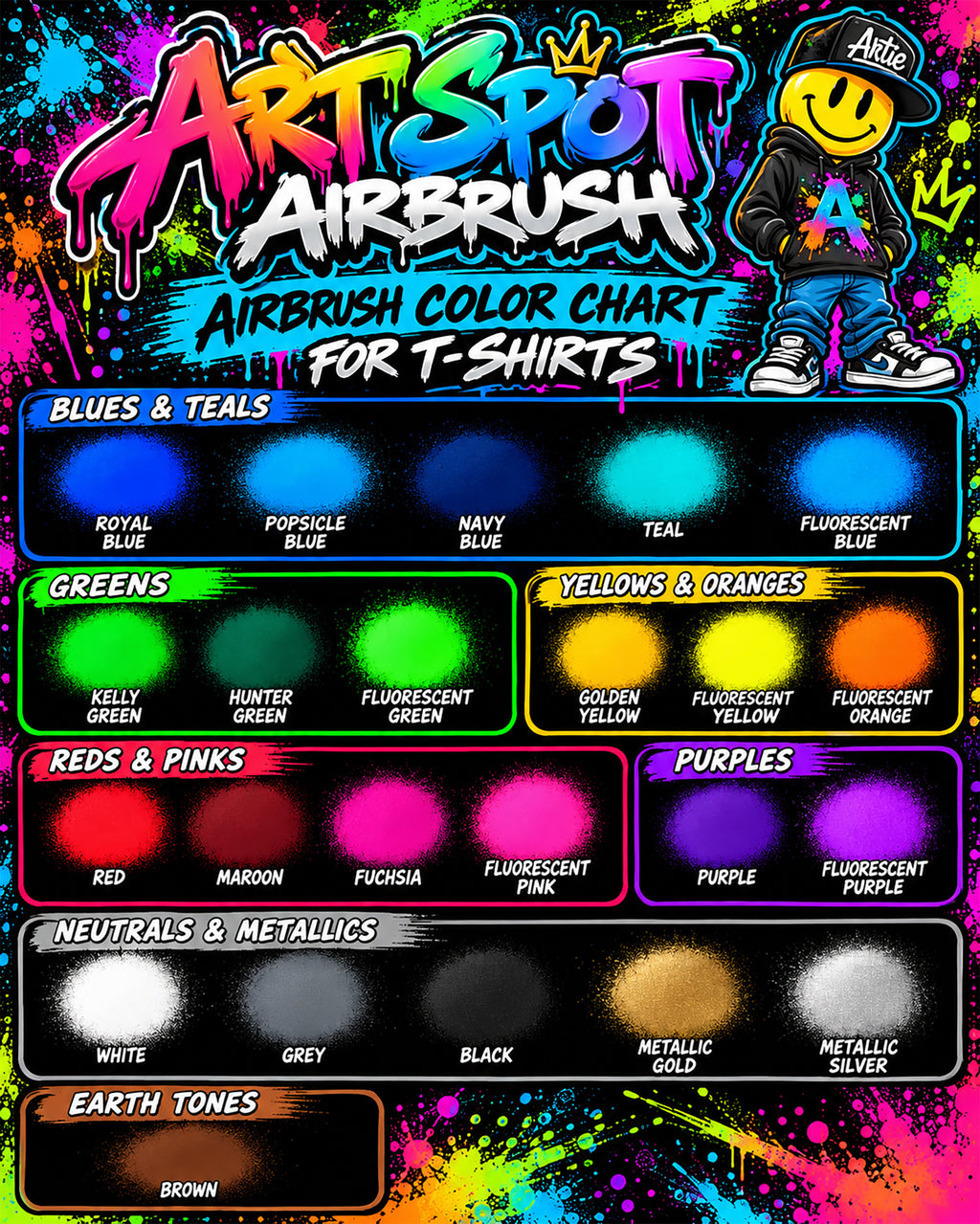 The image is a colorful and vibrant advertisement for an airbrush paint color chart for T-shirts. It features a variety of paint colors, including blues, teals, greens, yellows, oranges, reds, pinks, neutrals, and metallic colors, along with their corresponding names. The chart is designed to help artists and designers choose the perfect paint color for their T-shirt designs.