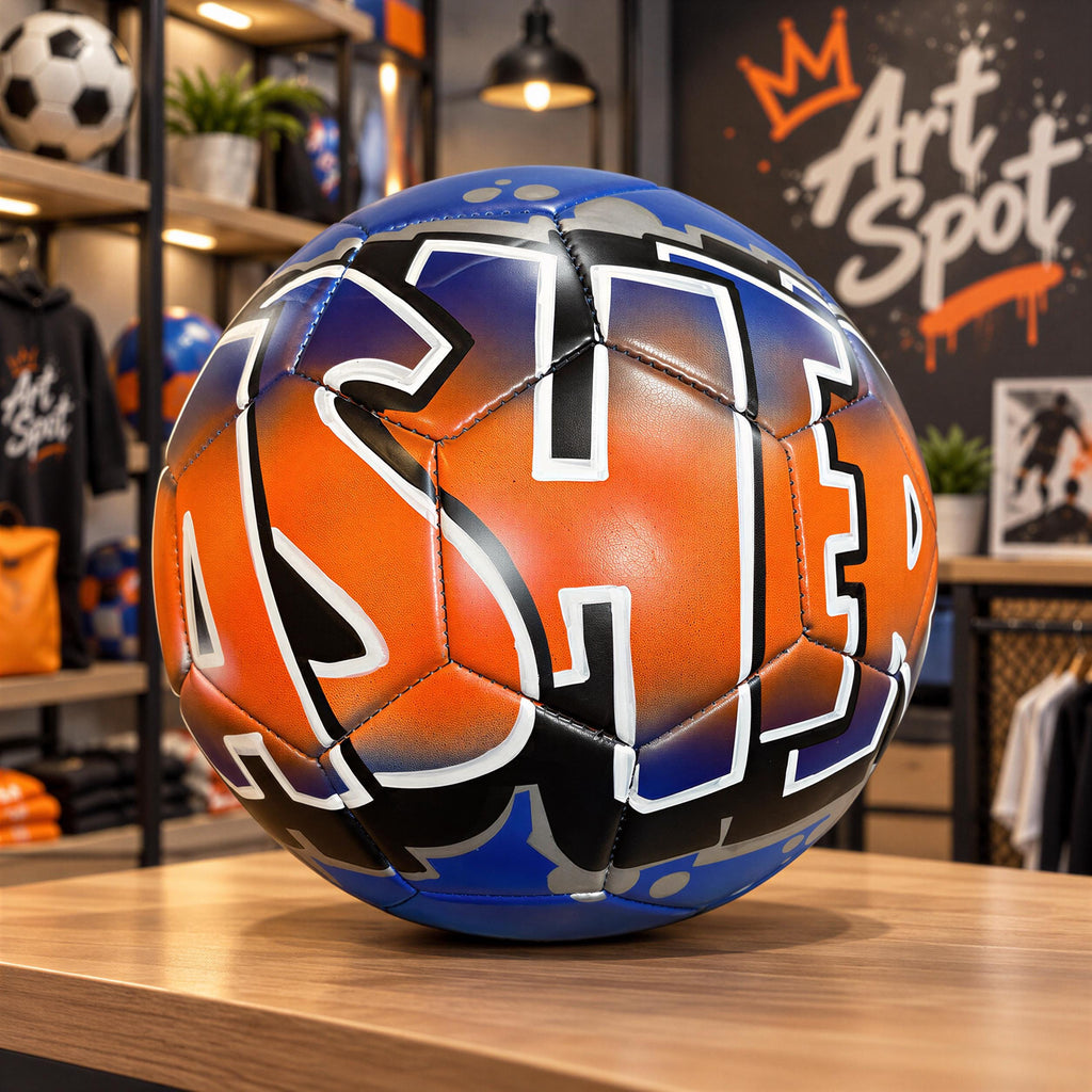 A soccer ball with the word "ASH" painted on it, sitting on a wooden surface.