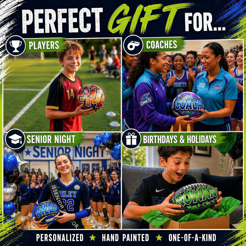 The image is a collage of four photos featuring people in various sports uniforms, including soccer players, coaches, and a young boy holding a sports ball.