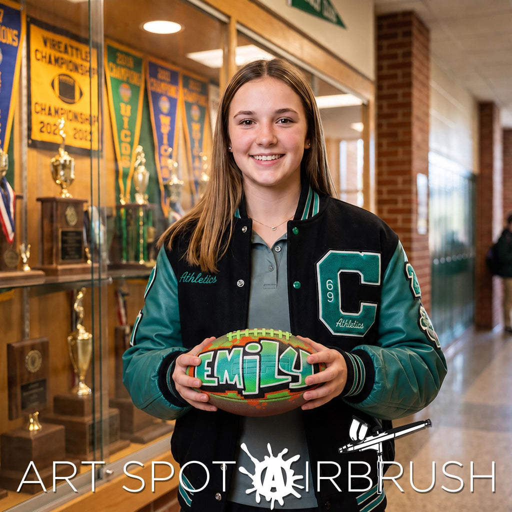 A smiling young woman holding a custom football, personalized with the word "Emily" on it, standing in front of a trophy case with various sports awards displayed.